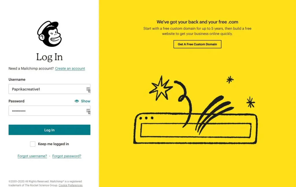 MailChimp Login Screen