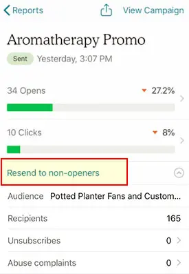 mobile_email_report_example MailChimp mobile app resend to non-openers email campaign