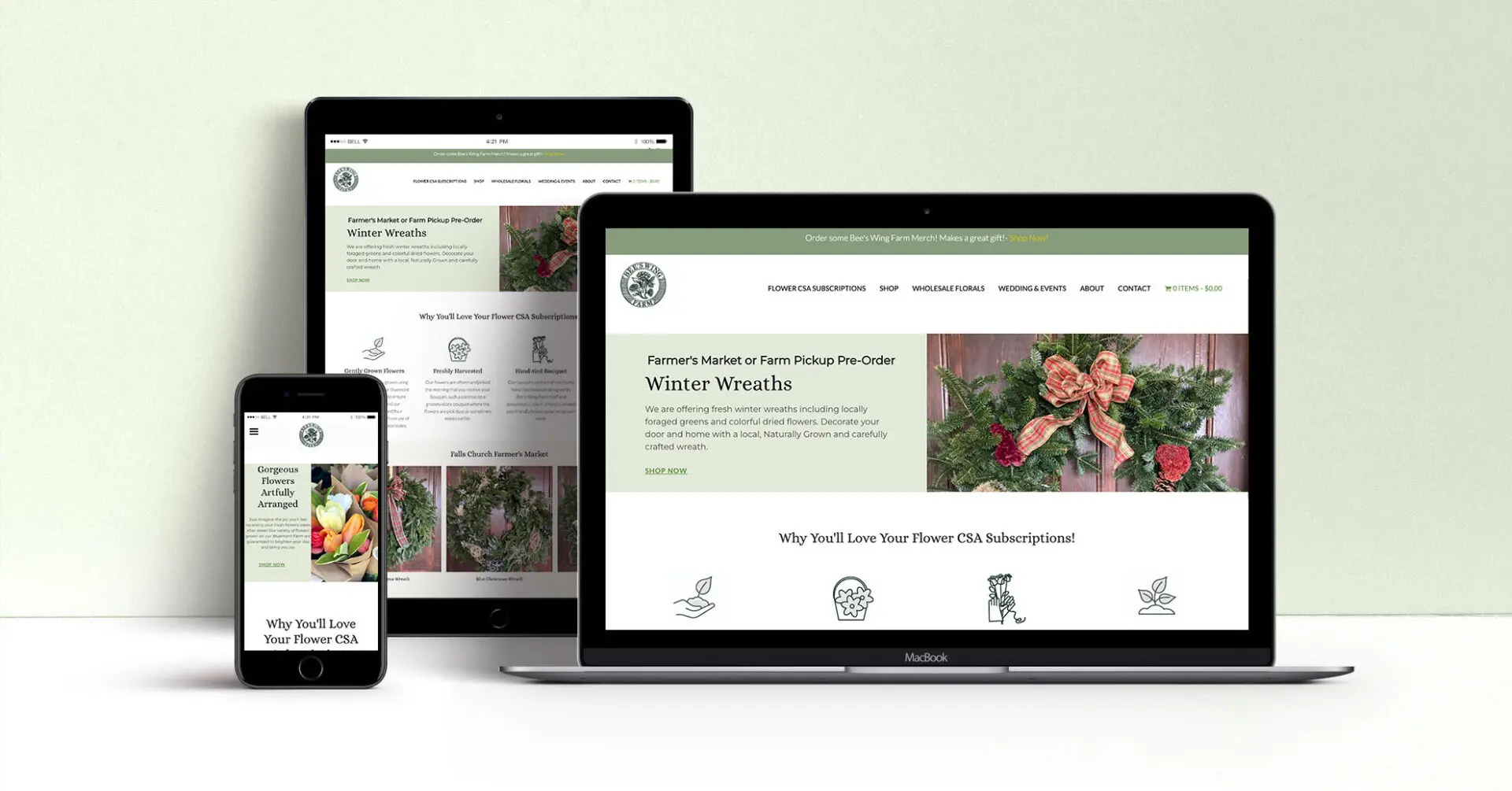 Screenshots of the Custom E-commerce Website Design and Development using Woocommerce and Square integration for Bee's Wing Farm, Loudoun County, Virginia