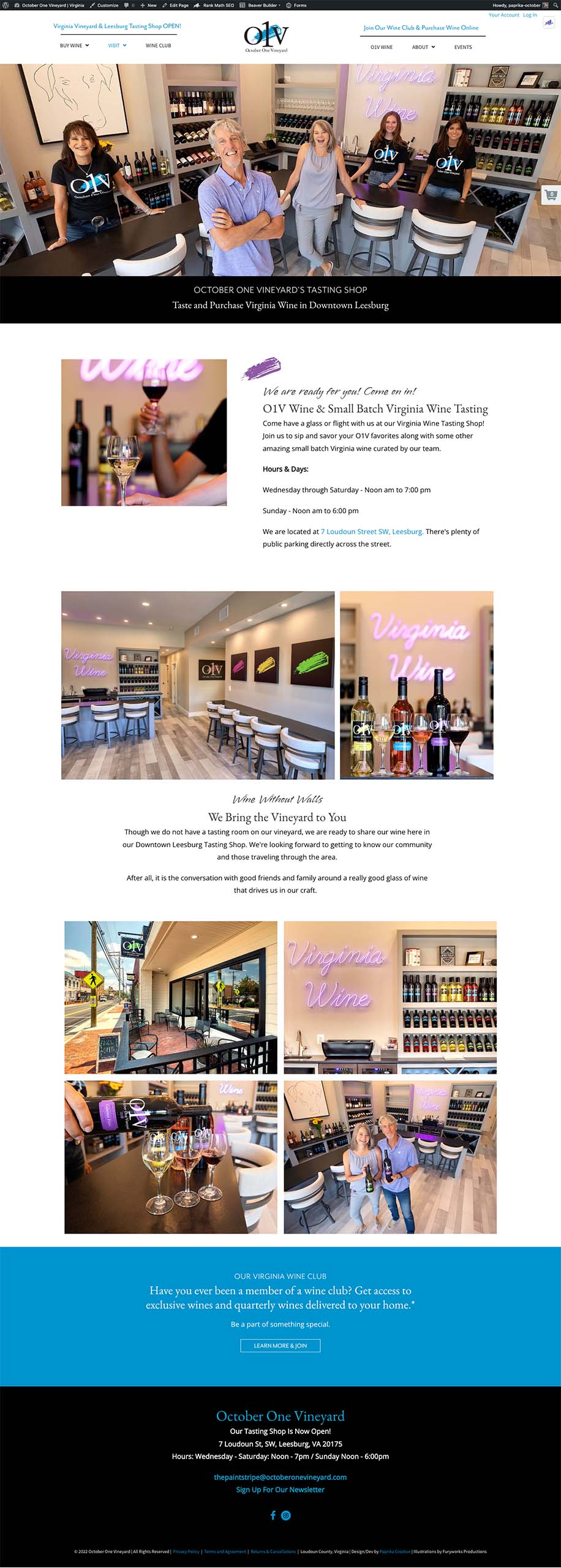 Leesburg Wine Tasting Room website design showing landing page