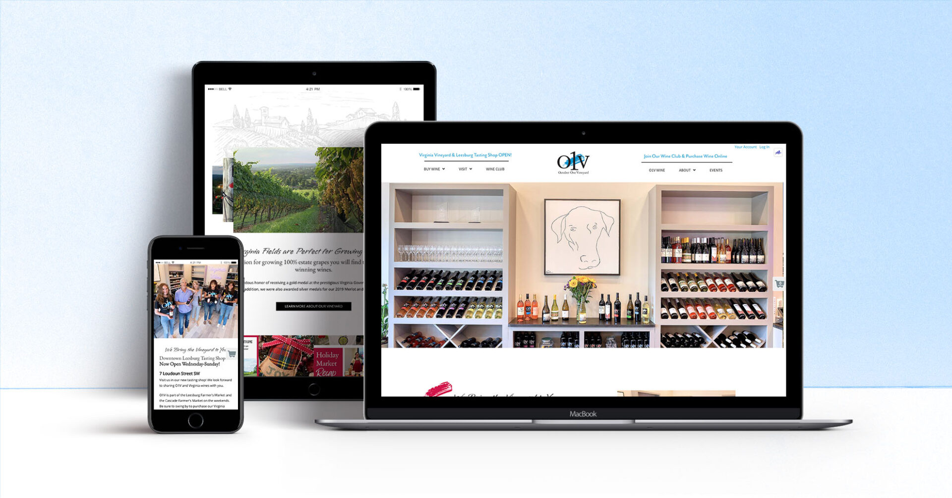 Winery Website Design showing responsive modes on desktop, tablet, and mobile