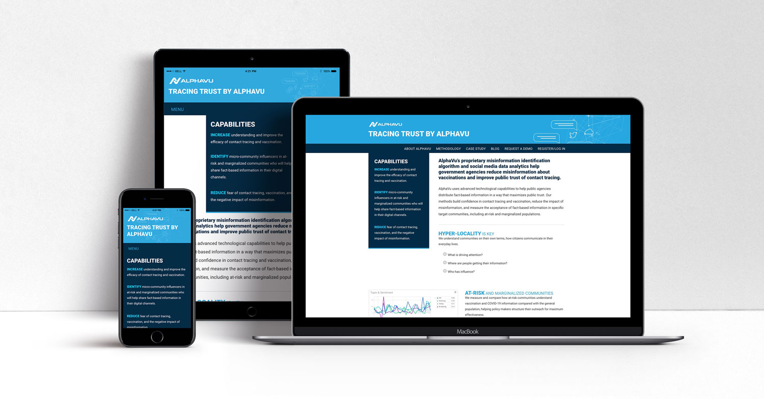 Data Science Company Website Design for AlphaVu's Tracing Trust COVID Tracing